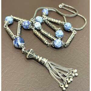 800 & 925 Silver Sodalite Prayer? Tassel Foxtail Chain Bali Beads Necklace 27”